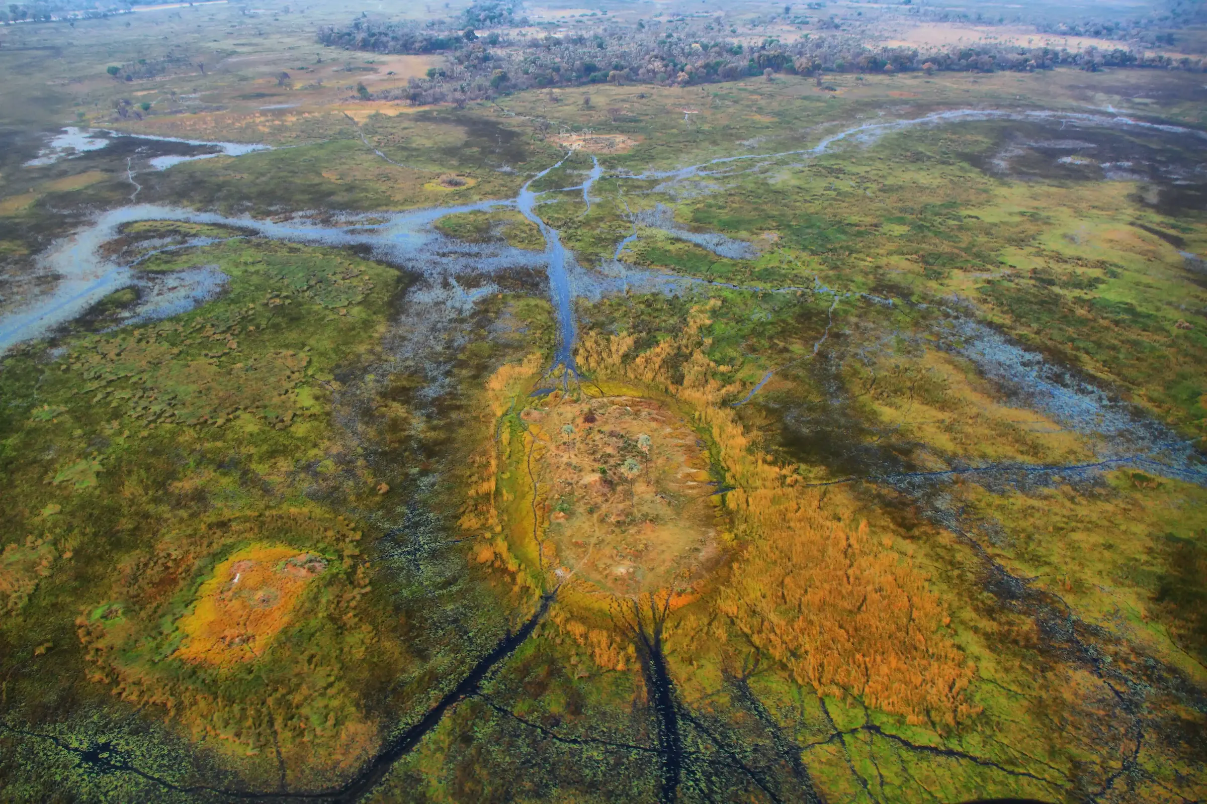 Aerial view of the Okavango Delta Botswana — luxury safari experiences with Eventra Bespoke Africa