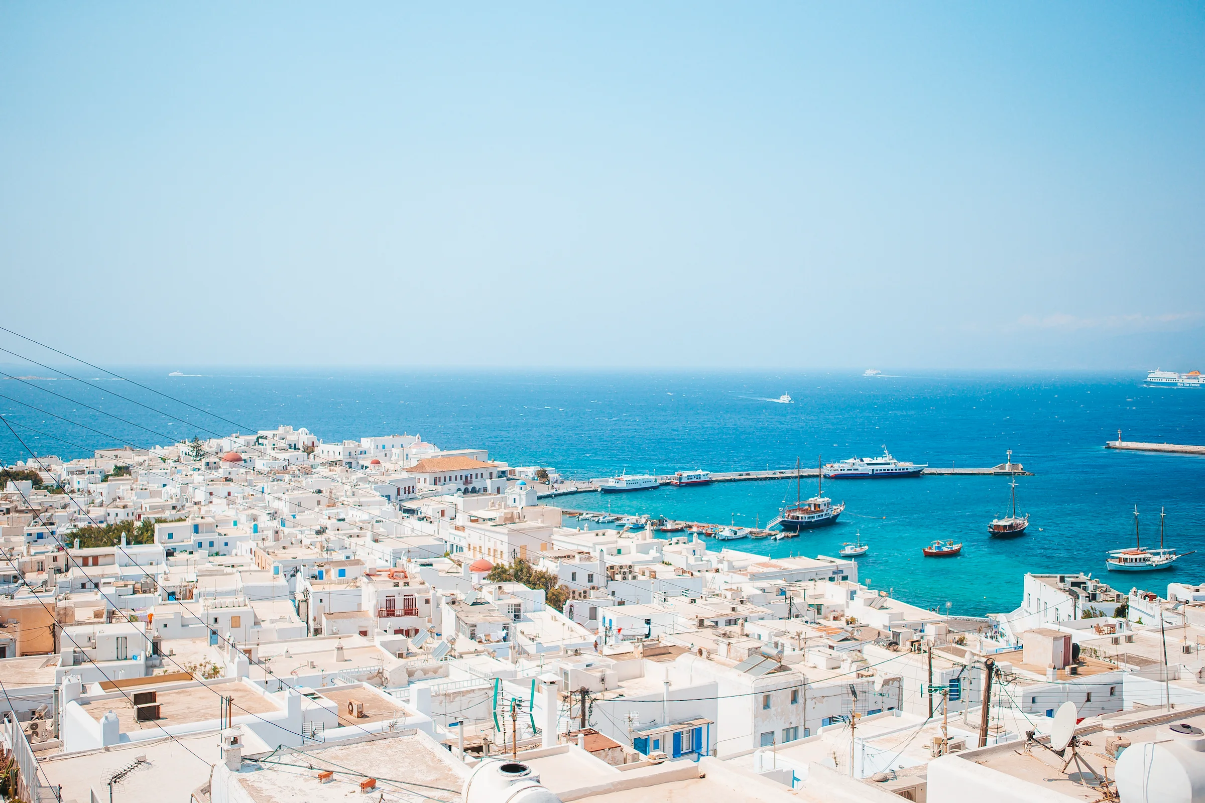 View of the famous white houses on Mykonos Island in Greece