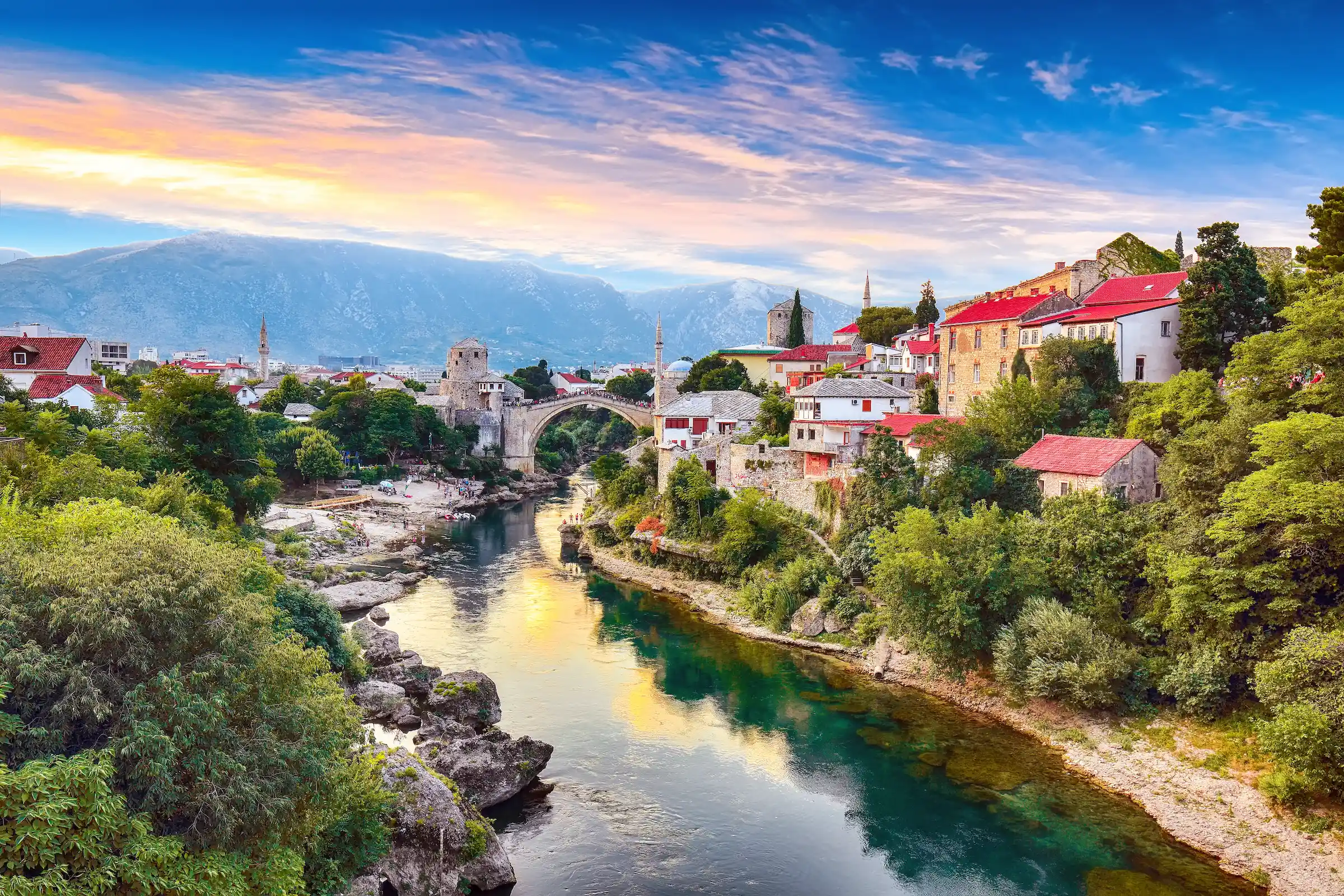 Beautiful skyline over the Mostar Bridge in Bosnia and Herzegovina