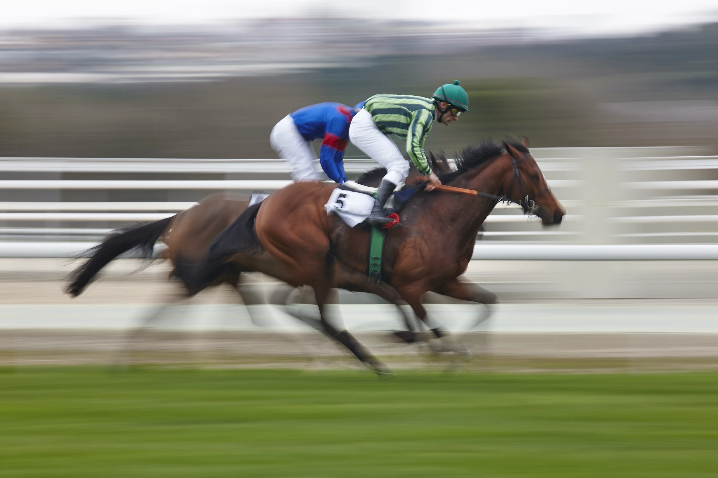 Two jockeys in a close horse race