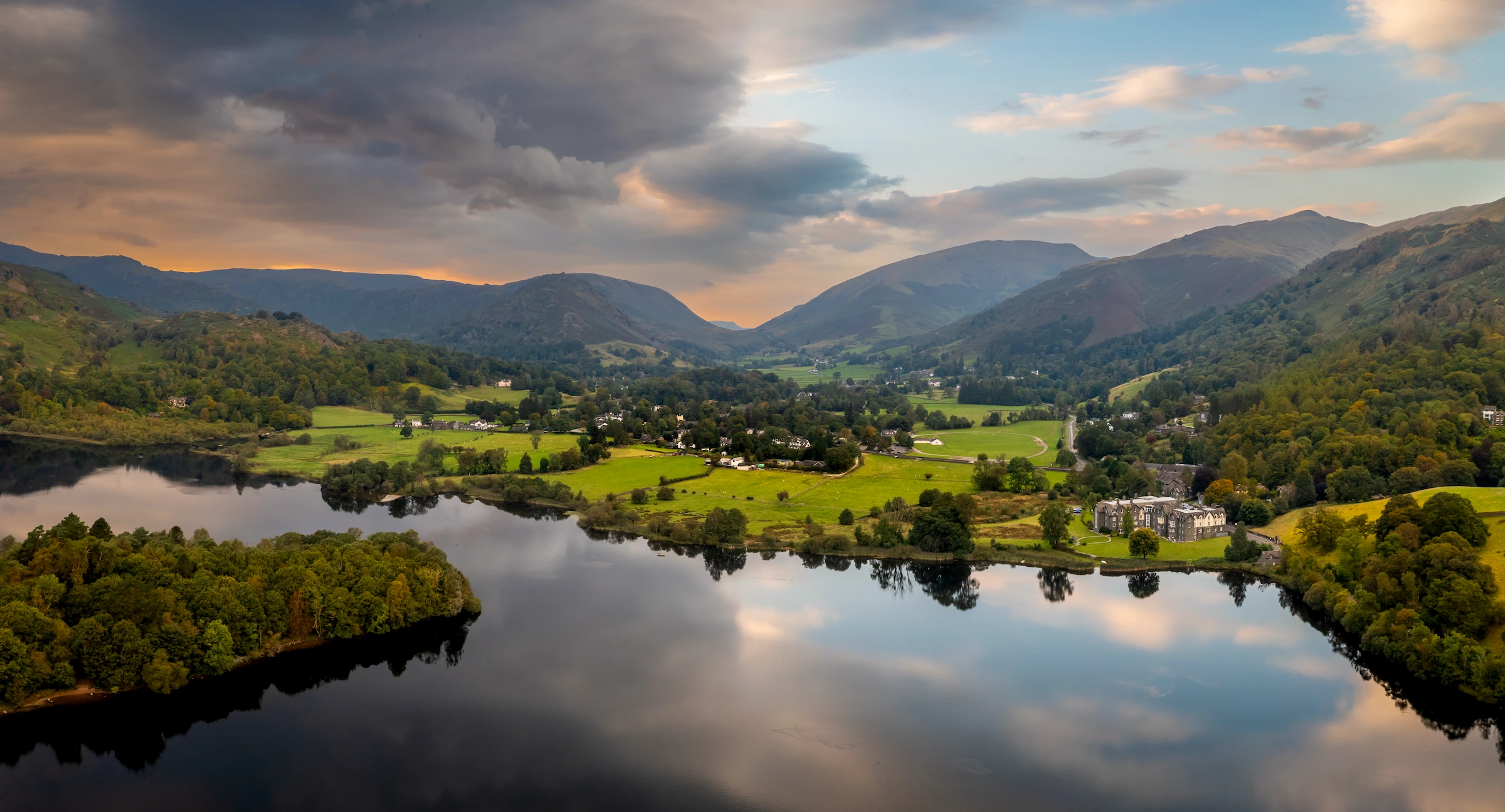 The Lake District in the United Kingdom with a beautiful sunset