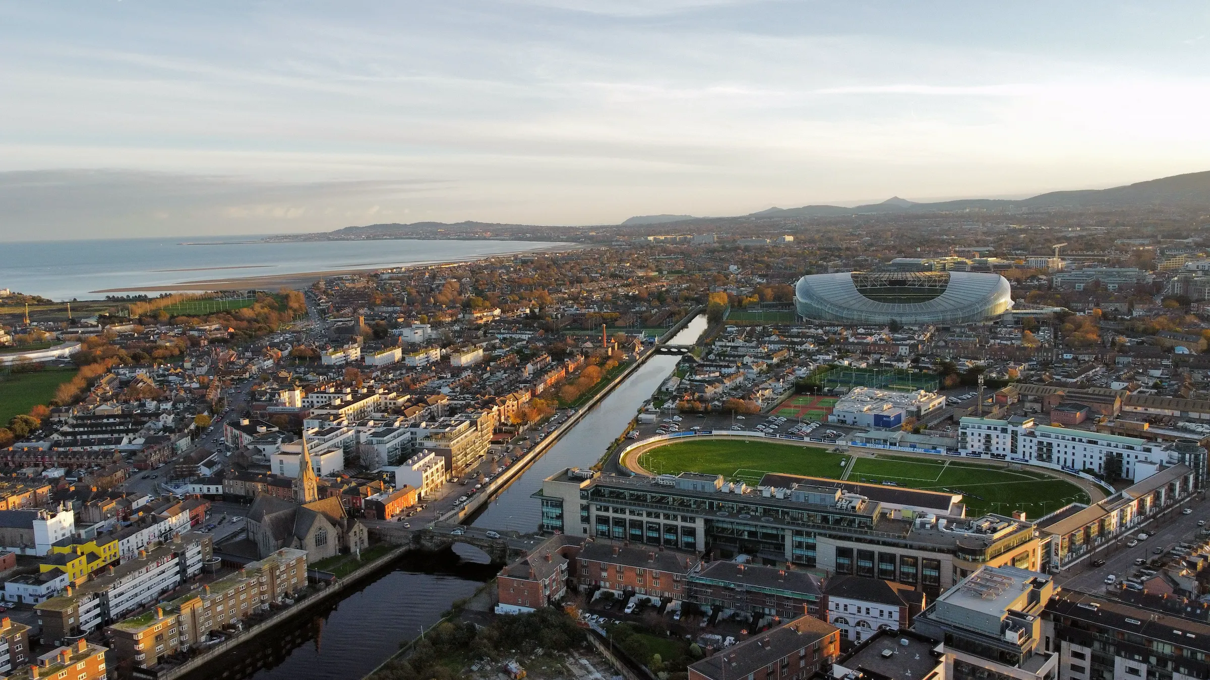 Aerial view of Dublin Bay with Aviva Stadium in the background