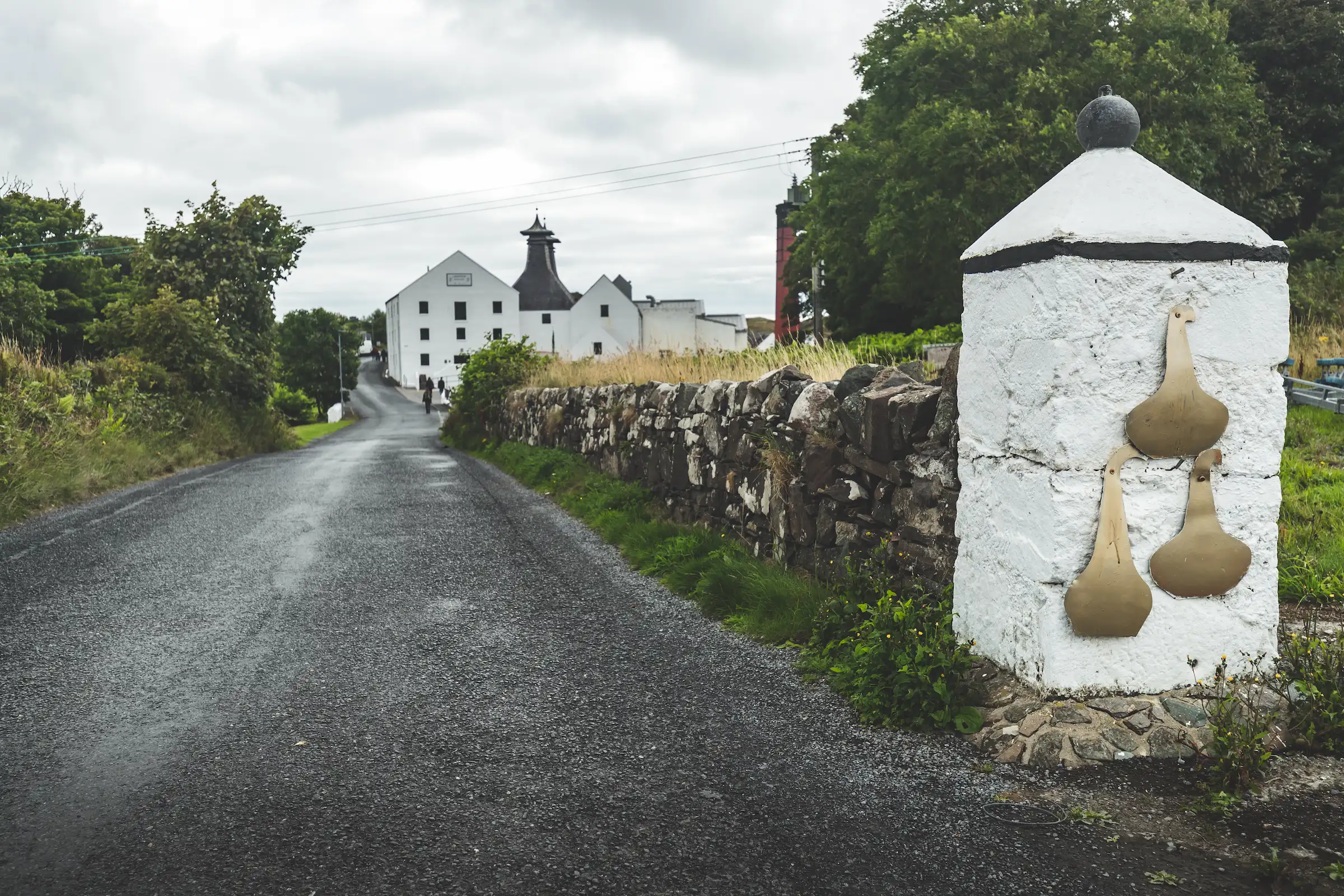 Road leading down to the Laphroaig distillery in Scotland