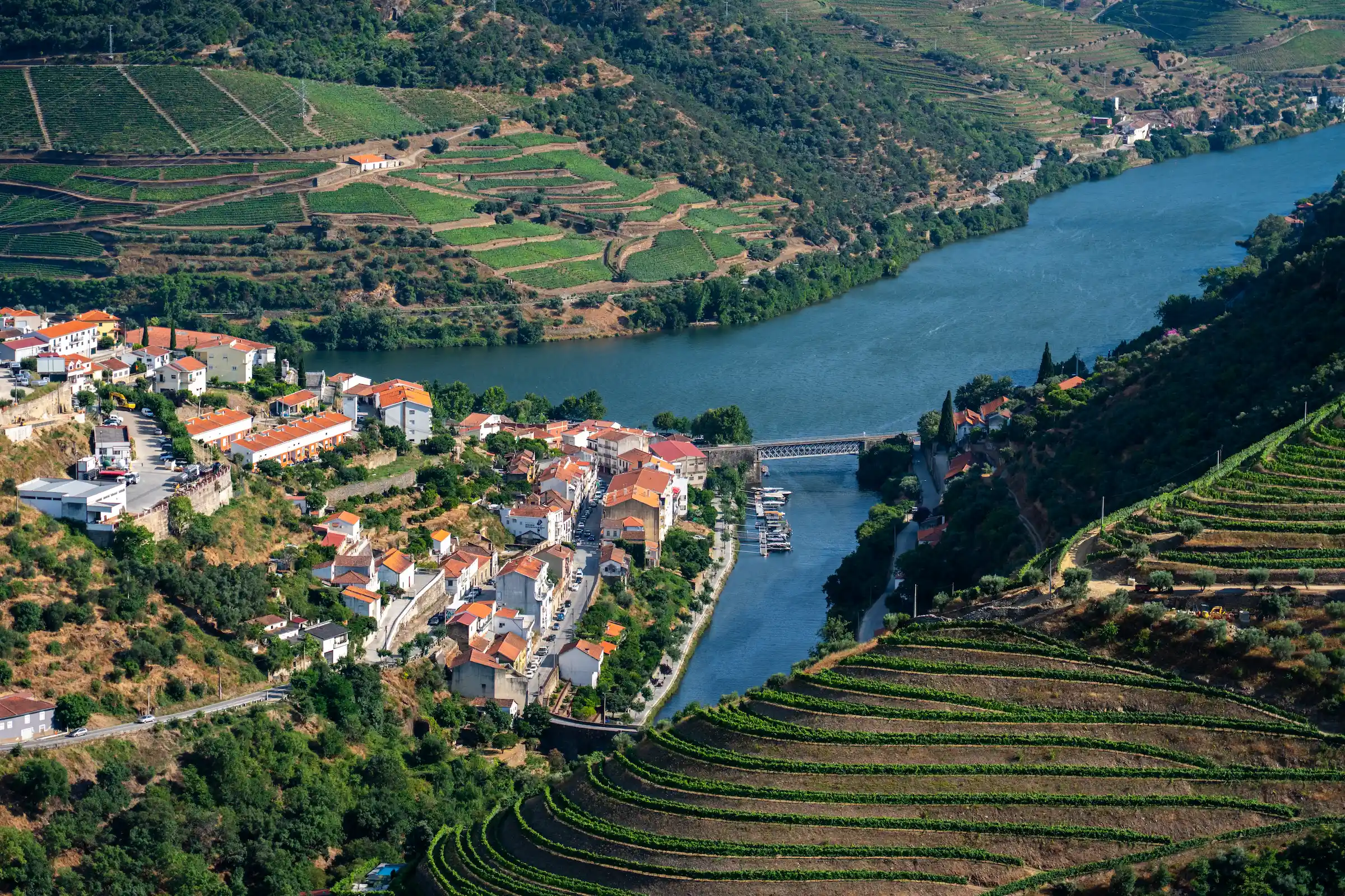Aerial image of the Pinhao village and Douro valley river in Portugal
