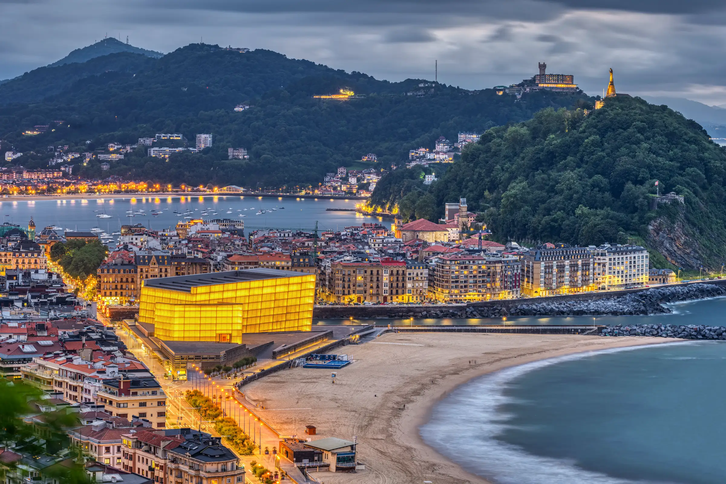Coastal image of San Sebastian at night in Northern Spain