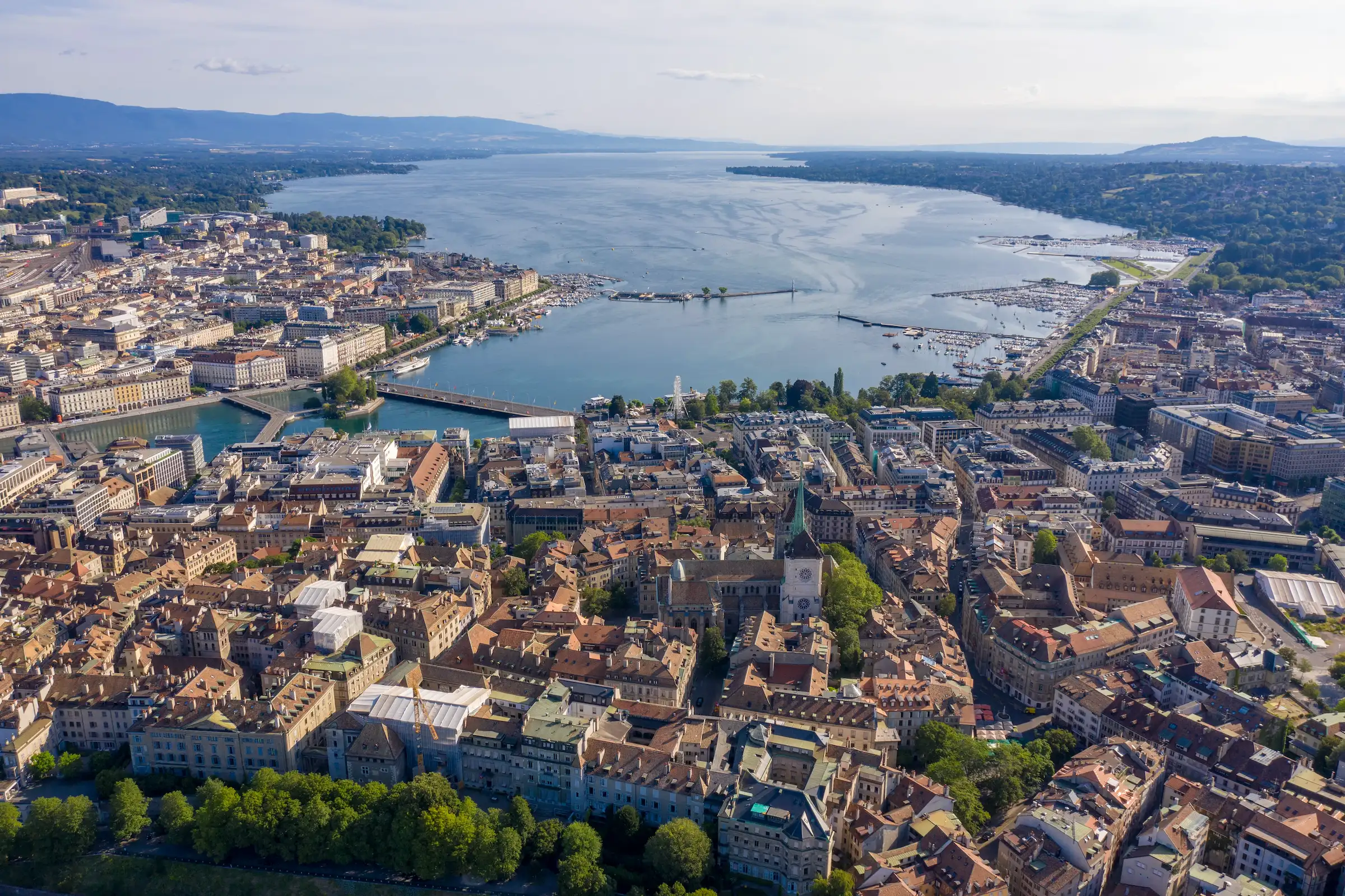 Aerial view over Lake Geneva and Geneva in Switzerland