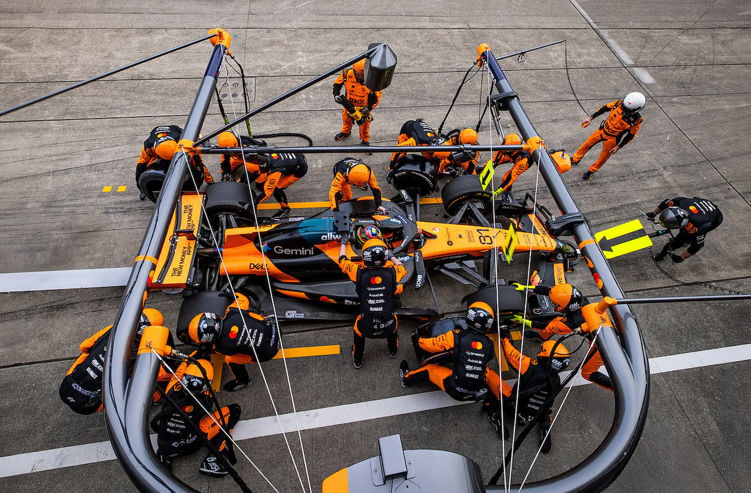 Aerial view of the Mclaren Formula One team pitstop